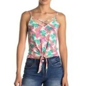 Poof Womens Tropical Tie Front Strappy Tank Crop Top Cami Pink Green